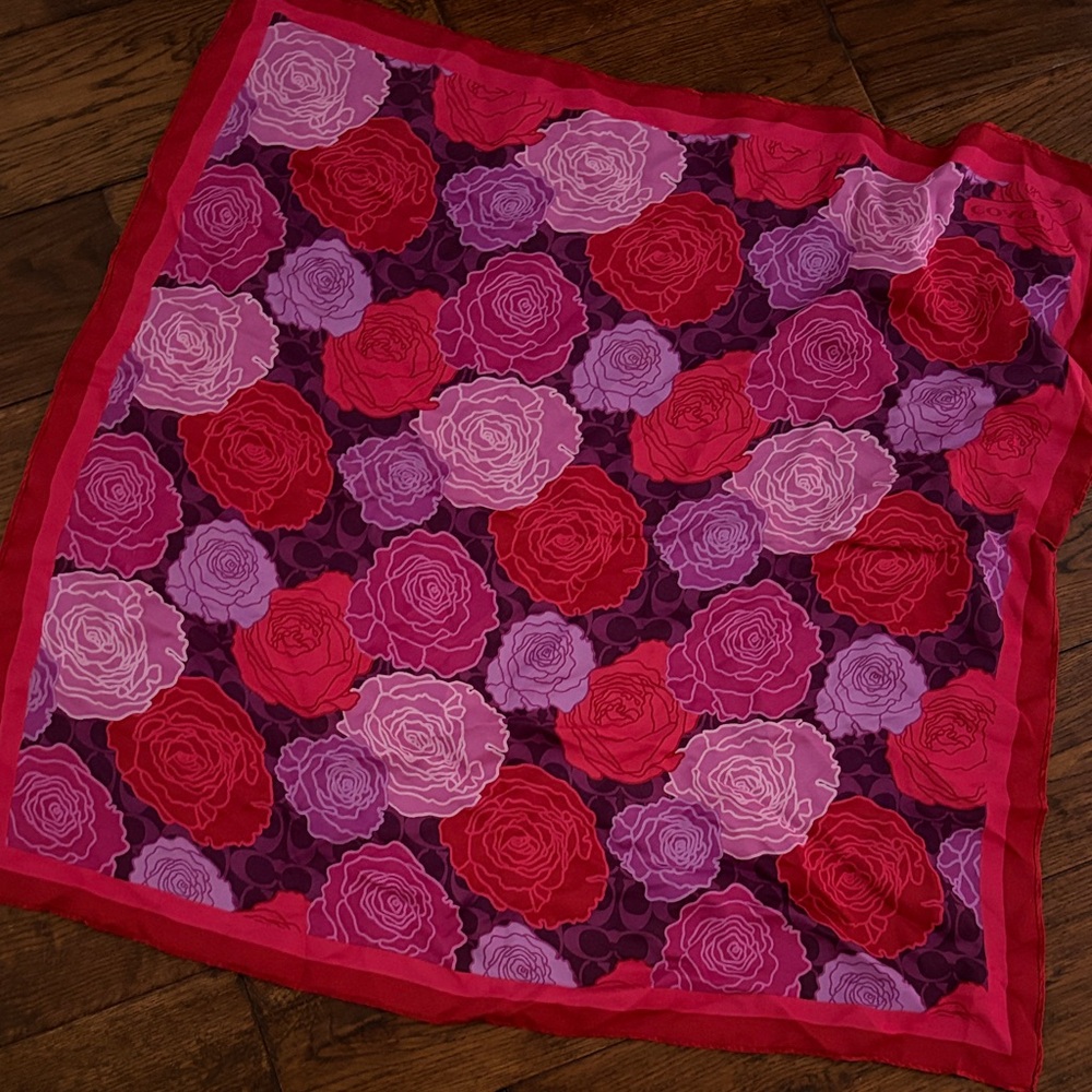 COACH Floral Patterned Scarf in Red and Purple